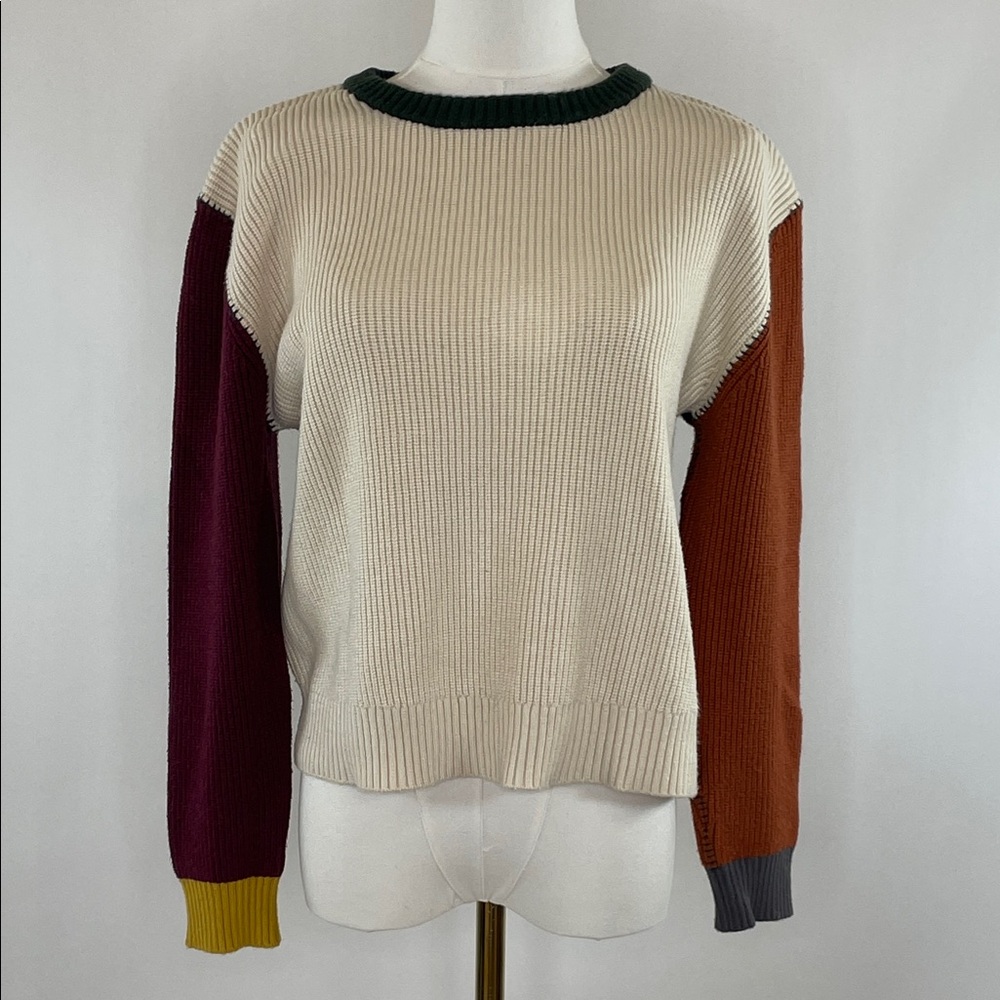 Sloane Whipstitch Sweater by Central Park West, Colorblock in Autumn Colors L